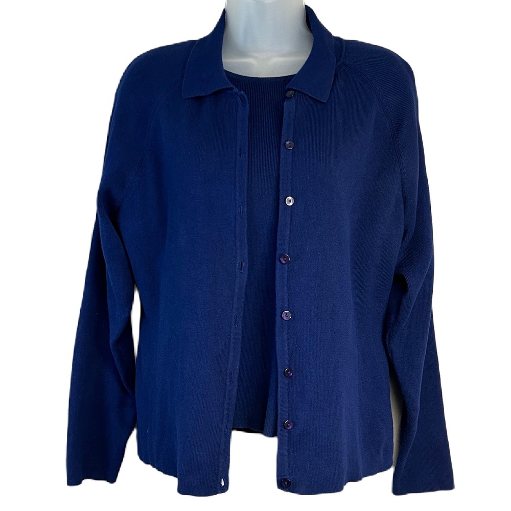 Vintage Talbots Cardigan Sweater Top Set Size S Petite 100% Cotton Ribbed Blue